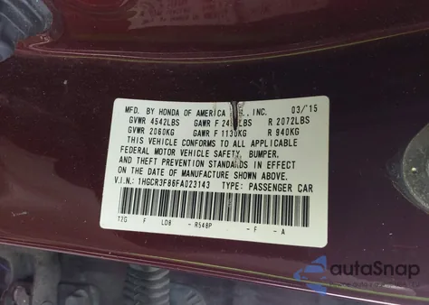 2015 Honda Accord Exl from USA, damaged, VIN 1HGCR3F86FA023143